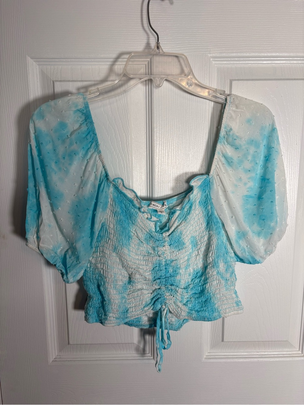 emory park Light Blue Tie-Dye Smocked Crop Top with Puff Sleeves